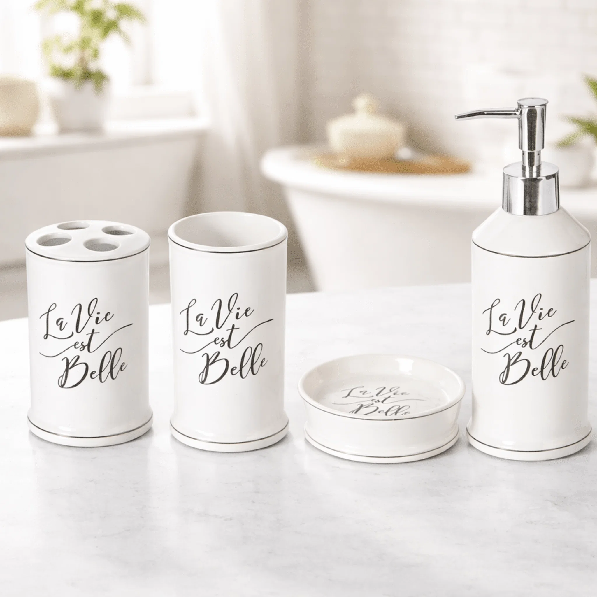Advanced La Vie Est Belle Ceramic Bathroom Accessories Set – 4 Pieces Stylish