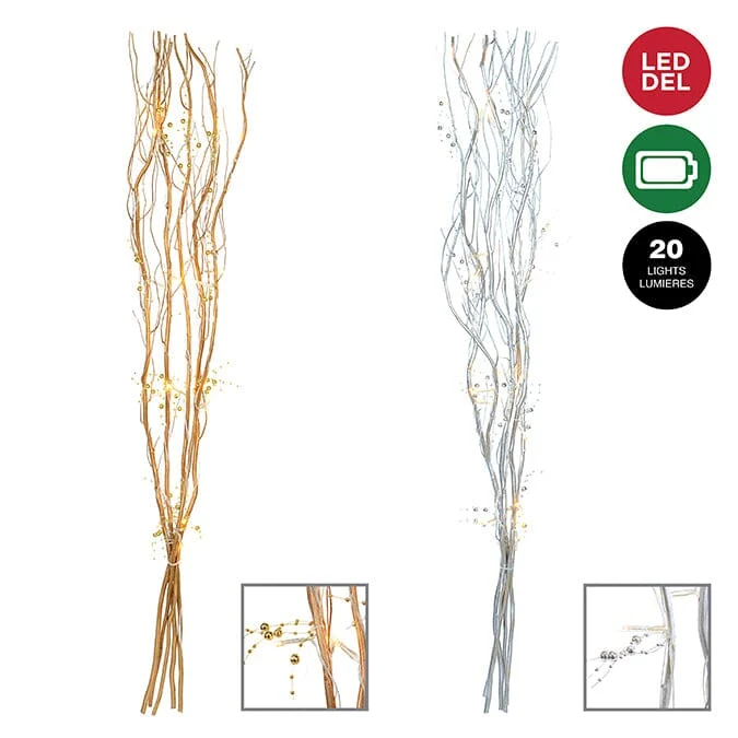 Fine Crafted Assorted Painted Twig Branches with 20 LED Lights – Battery-Operated Silver Gold Selected