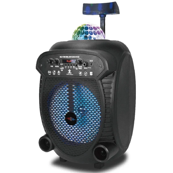 Unique Wattson - Bluetooth 8 Rechargeable Speaker With Disco Light on Top Front Control Panel Trolley and Wheels Contemporary