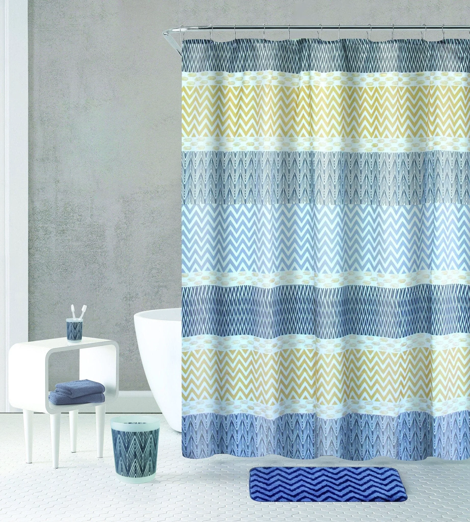 Certified Zigzag - Bath Curtain and Mat Set with Accessories Elegant