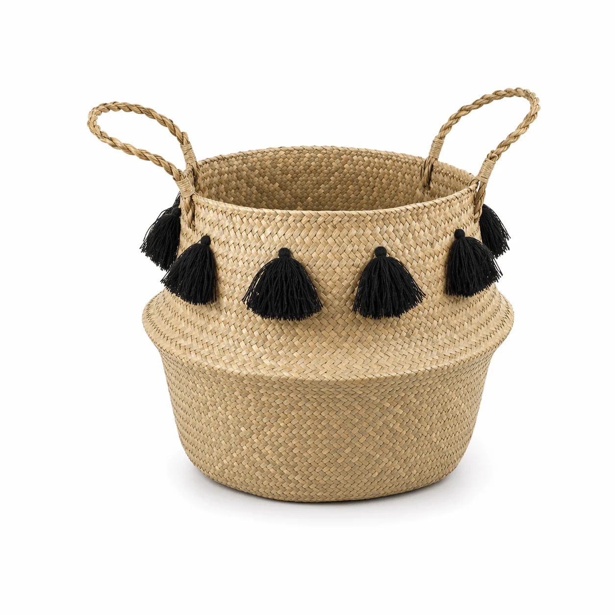 Stylish Seagrass Basket with Black Tassels Environmentally Friendly