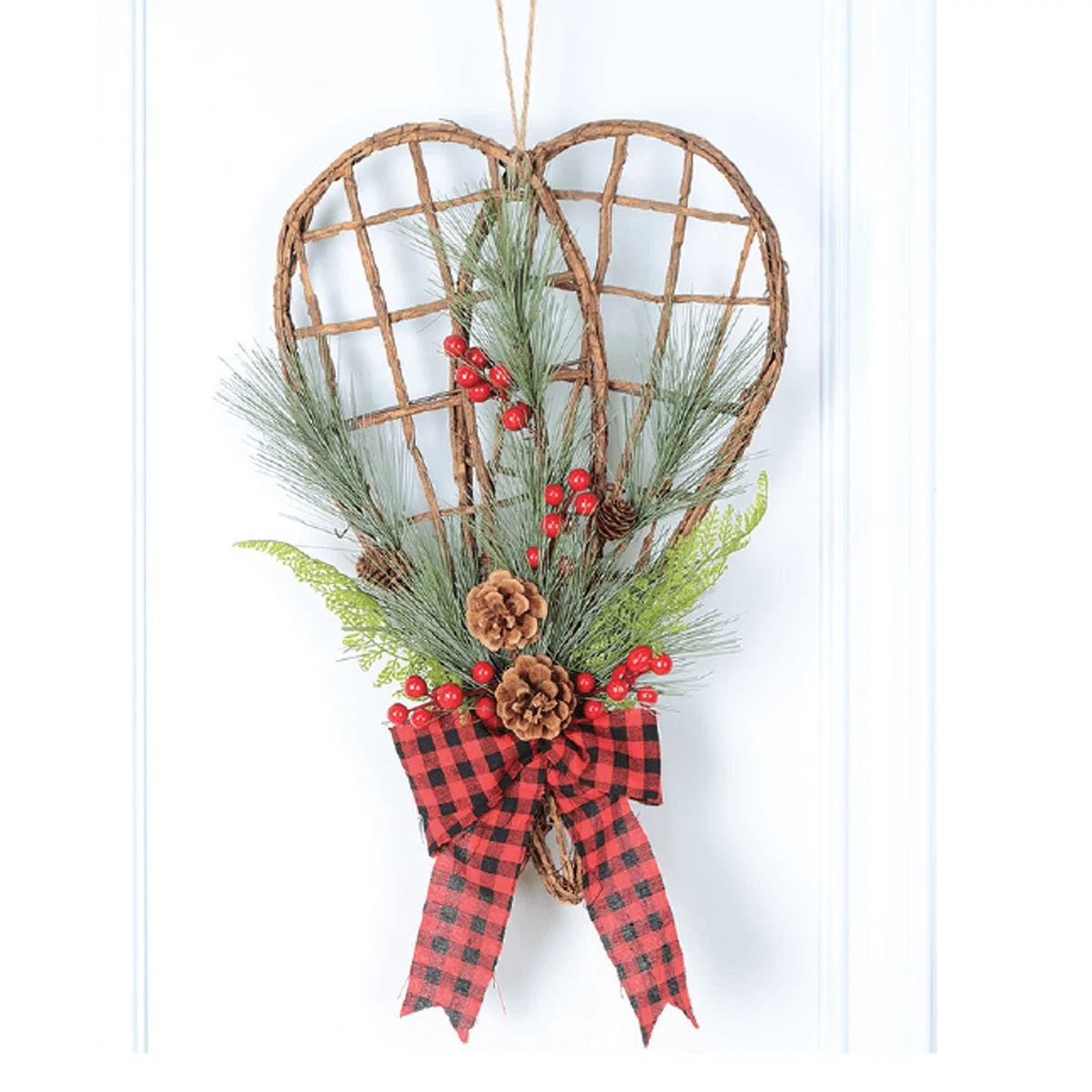 Quality 50 cm Hanging Wood Snowshoes with Decorated Pine Buffalo Plaid Ribbon and Pinecones – Red Black Beige Soft