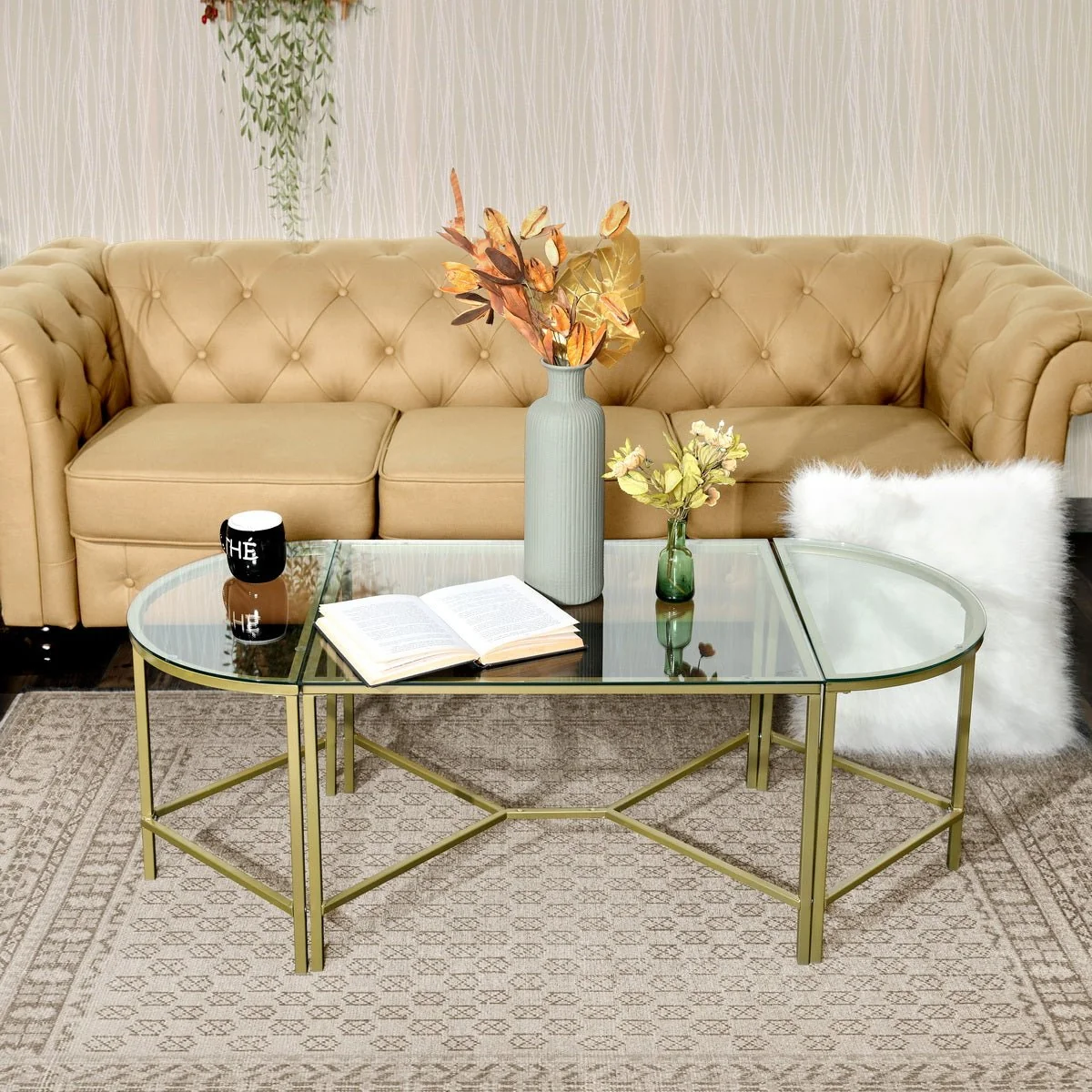 Specialty Demaio 3-Piece Golden Oval Glass Coffee Table Excellent