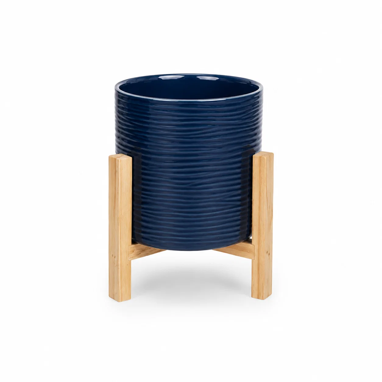 Dependable Blue textured ceramic planter on wooden stand 21 x 20 cm Efficient