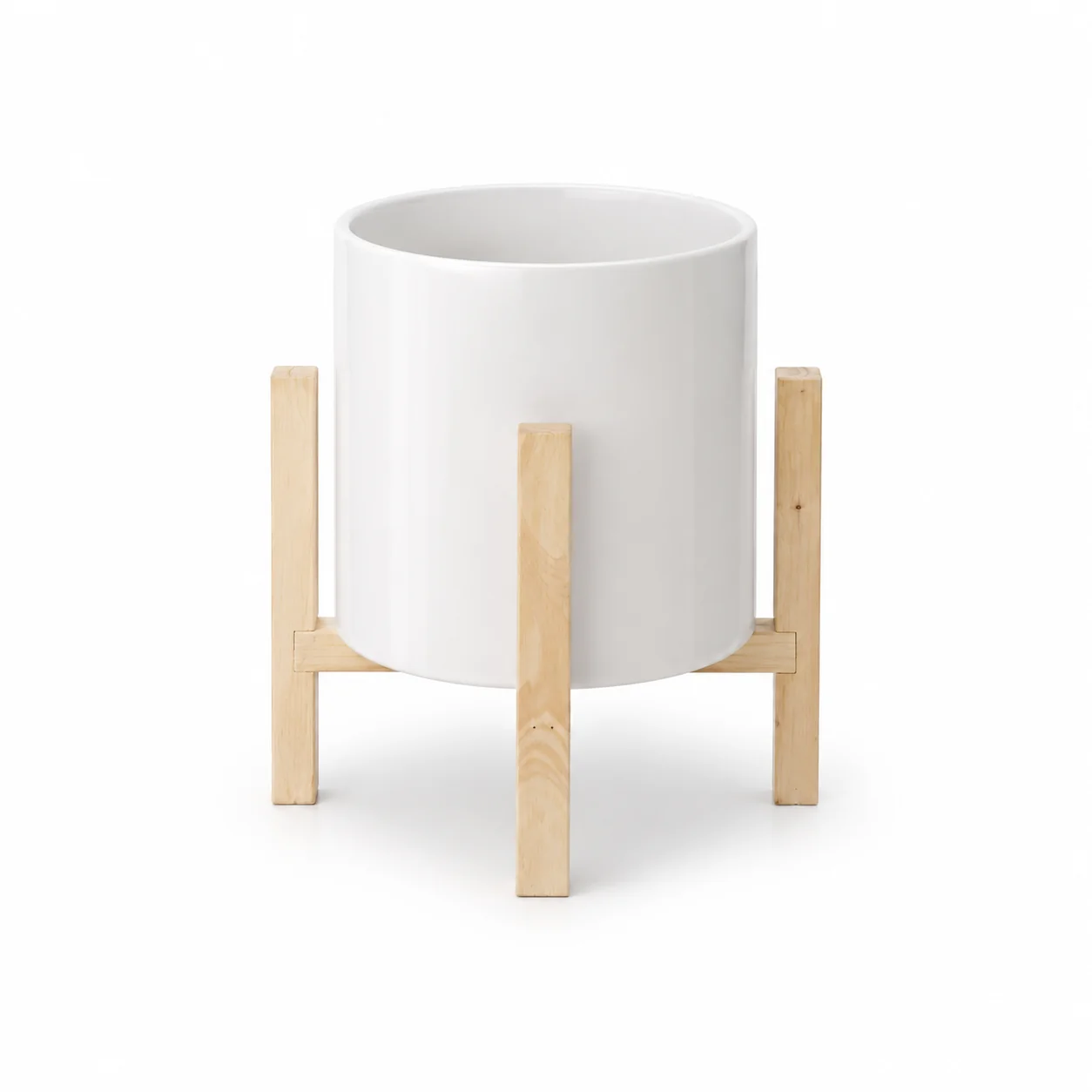 Relaxed White ceramic planter on wooden stand 21 x 20 cm Environmentally Friendly
