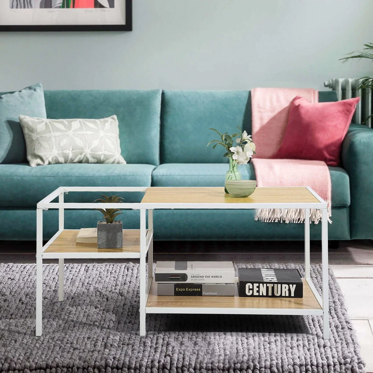 Reusable Capsicum Coffee Table With White Metal Frame And Oak Mdf Top High-Quality