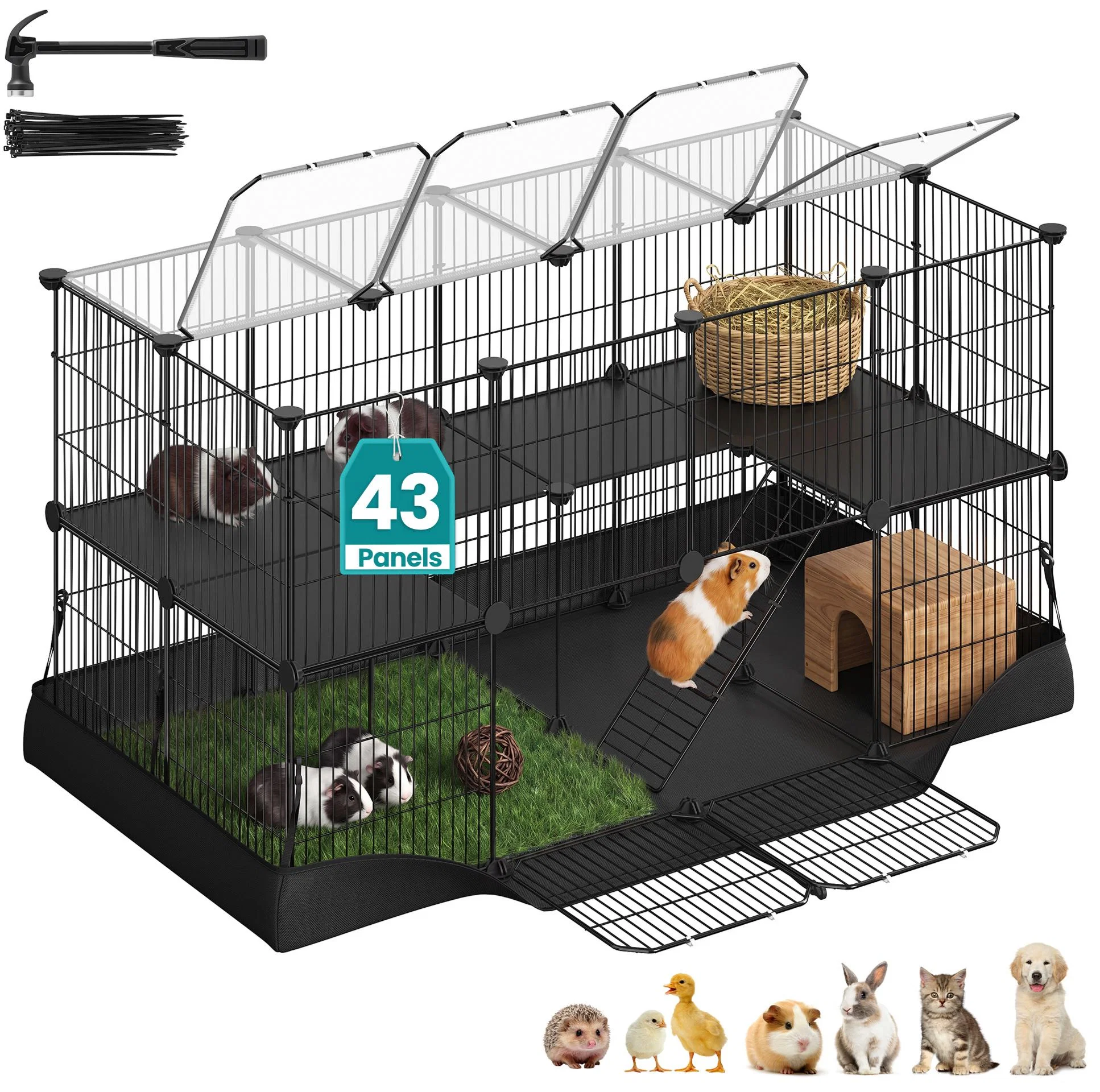 Relaxed SONGMICS SONGMICS Pet Playpen 2-Tier Steel Pen with Roof Indoor Dog Fence 47.2 x 23.6 x 23.6 Inches Waterproof Mat 2 Doors Natural