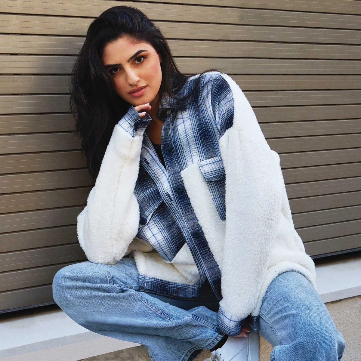 Responsible Sherpa Jacket With Plaid Details white Top-Quality