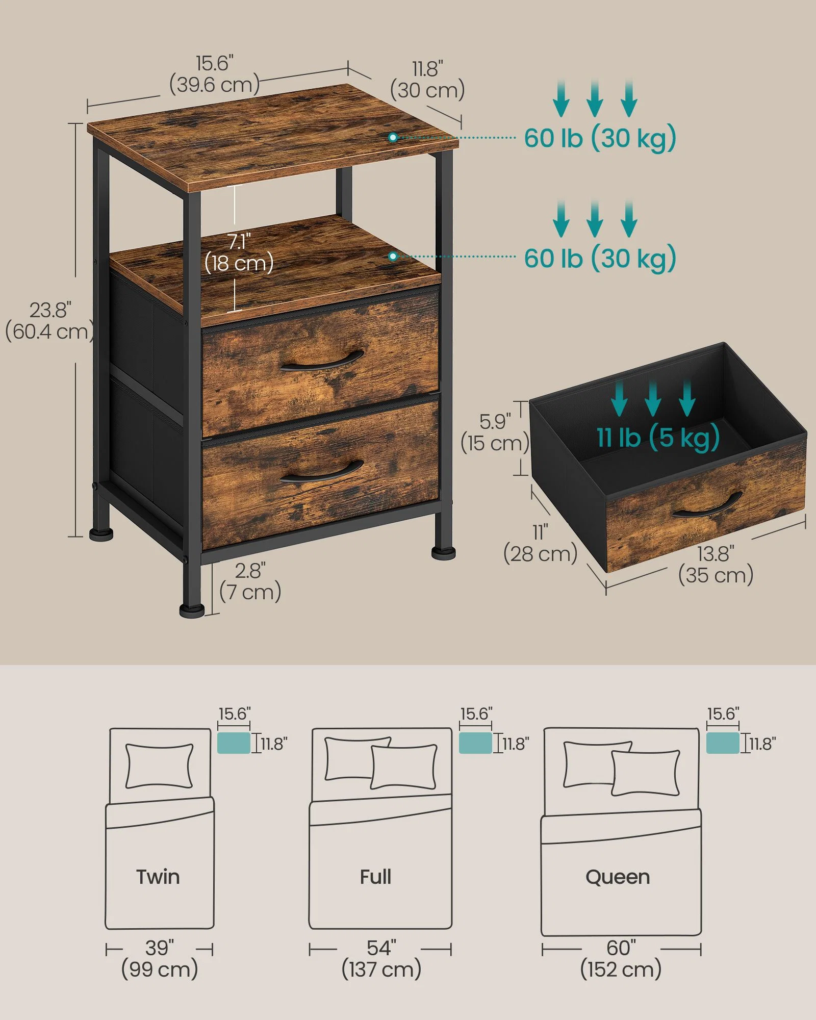 Smart SONGMICS SONGMICS Nightstand Bed Side Table End Table with 2 Drawers 1 Open Shelf Industrial Breathable