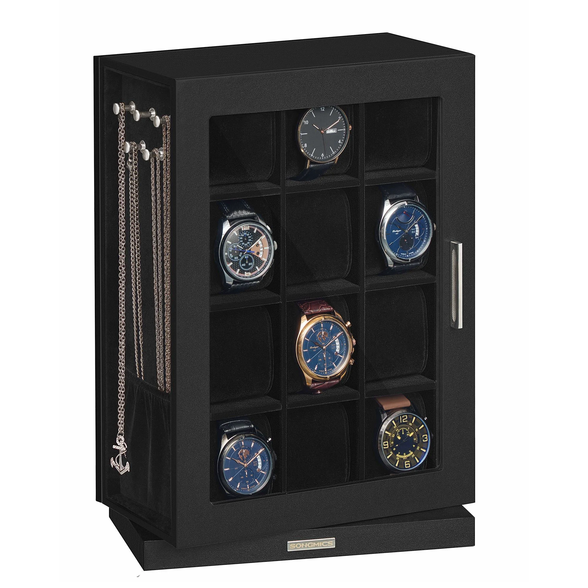 Durable SONGMICS Watch Box 12 Slots with Glass Windows 360° Rotating Vertical Watch Display Case Reusable