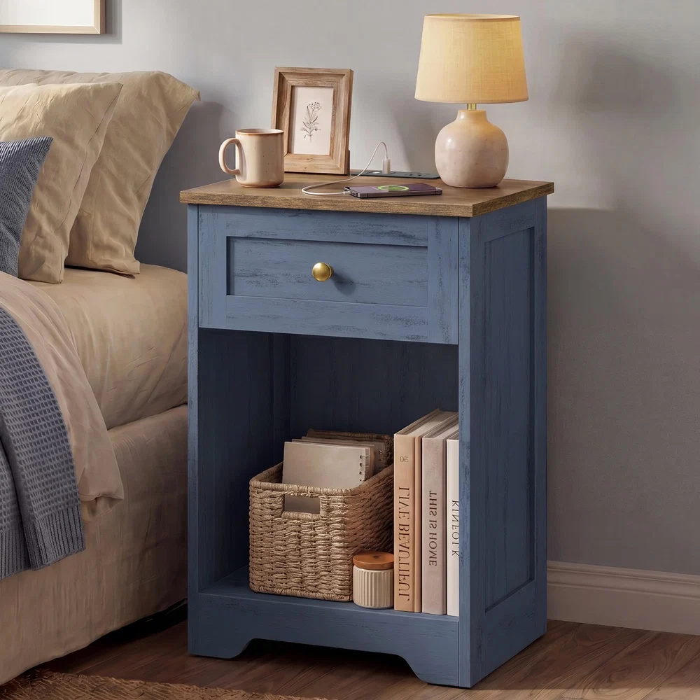 Luxury VASAGLE Farmhouse nightstand with charging station and drawer Exclusive