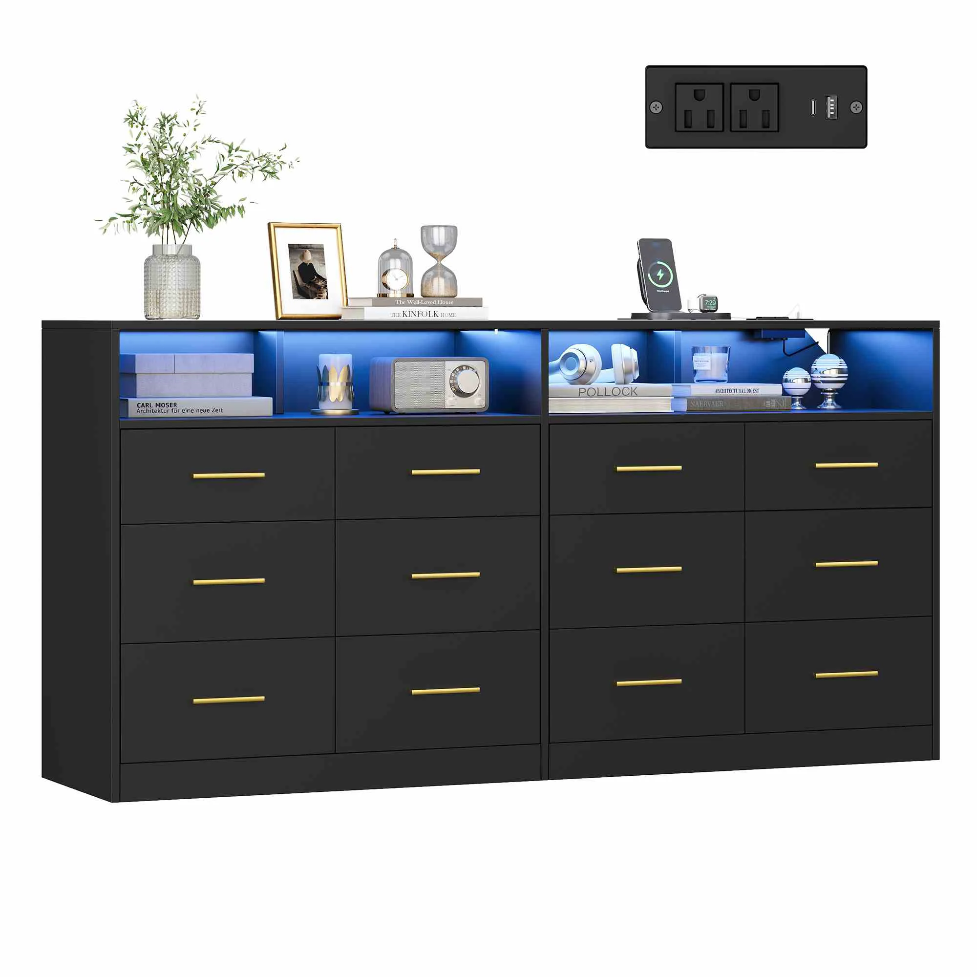 Breathable SONGMICS Modern Dresser with LED Lights and Power Strip for Bedroom Crafted