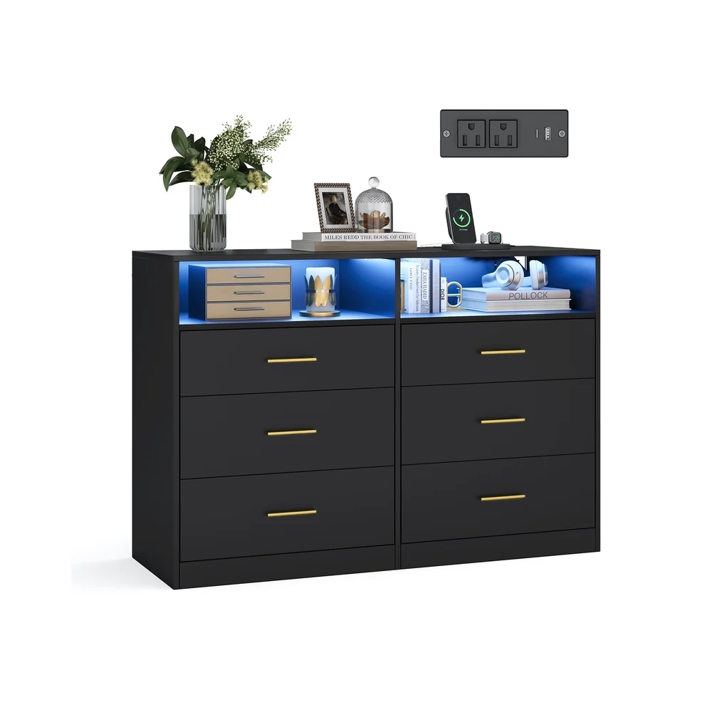 Lightweight VASAGLE Custos Collection - Dresser with LED Lights and Power Strip Fine