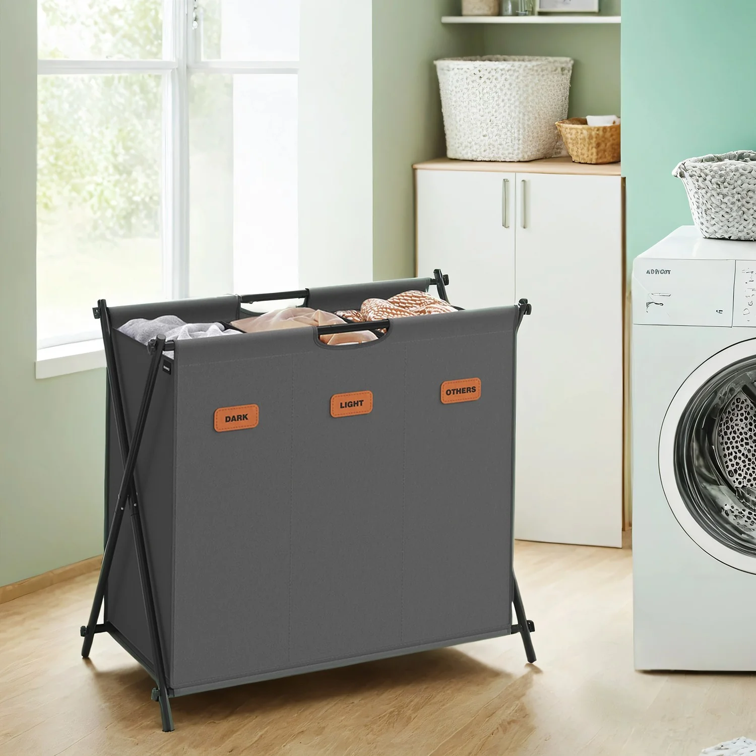 Green SONGMICS Foldable multi section laundry baskets with labels for home Refined
