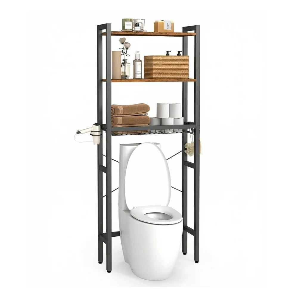 Top-Quality VASAGLE Bathroom organizer with adjustable shelves basket and hooks over toilet Functional