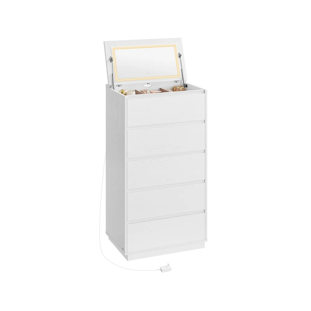 Clean VASAGLE Kailyn Collection - 5-Drawer Dresser with Vanity Mirror and Lights Natural