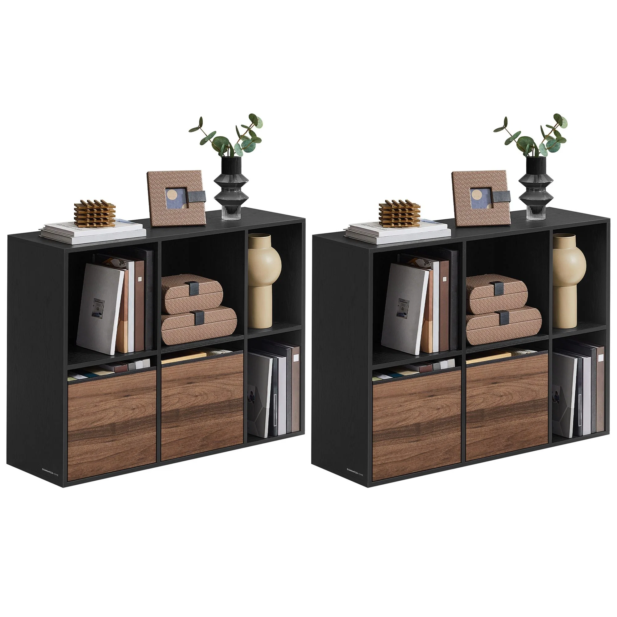 Optimized SONGMICS HOME SONGMICS Home Bookshelf Superfast Toolless Assembly Cube Storage Organizer with 6 Compartments Set of 2 Bookcase 4 Fabric Drawers Natural Walnut and Ebony Black UZH2507020 Sophisticated