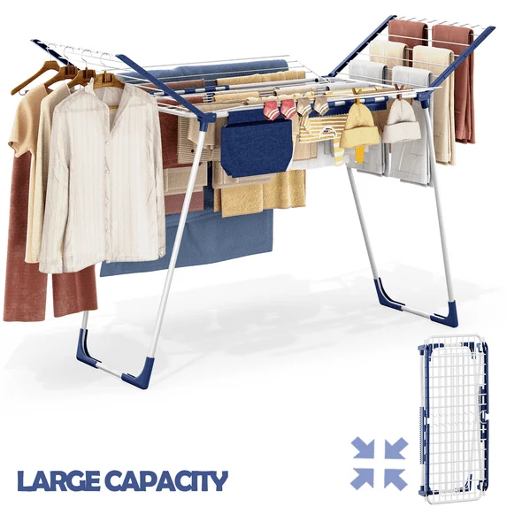 Superior Clothes Drying Rack KK KINGRACK Foldable Drying Rack with Large Space amp Sock Clips Laundry Rack with 4 Drying Wings Indoor Outdoor White Reusable