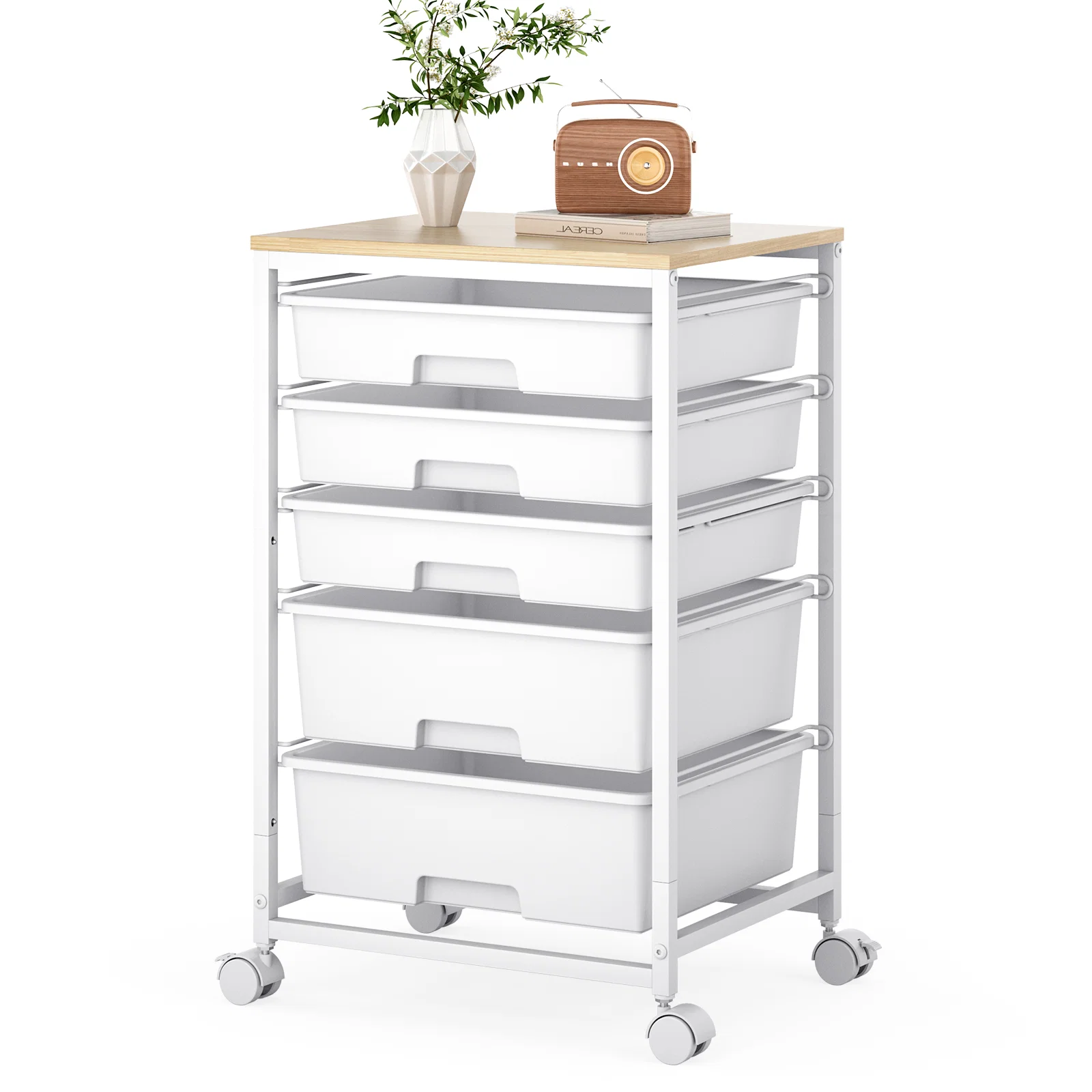 Lightweight KK KINGRACK Rolling Cart with 5 Drawers Storage Drawer Cart with Wooden Tabletop Metal amp Plastic White BZ831154-1 Refined