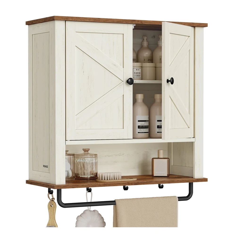 Secure VASAGLE Liry Collection - Bathroom Wall Cabinet Farmhouse Wall-Mounted Medicine Storage Cabinet with 2 Barn Doors Pure