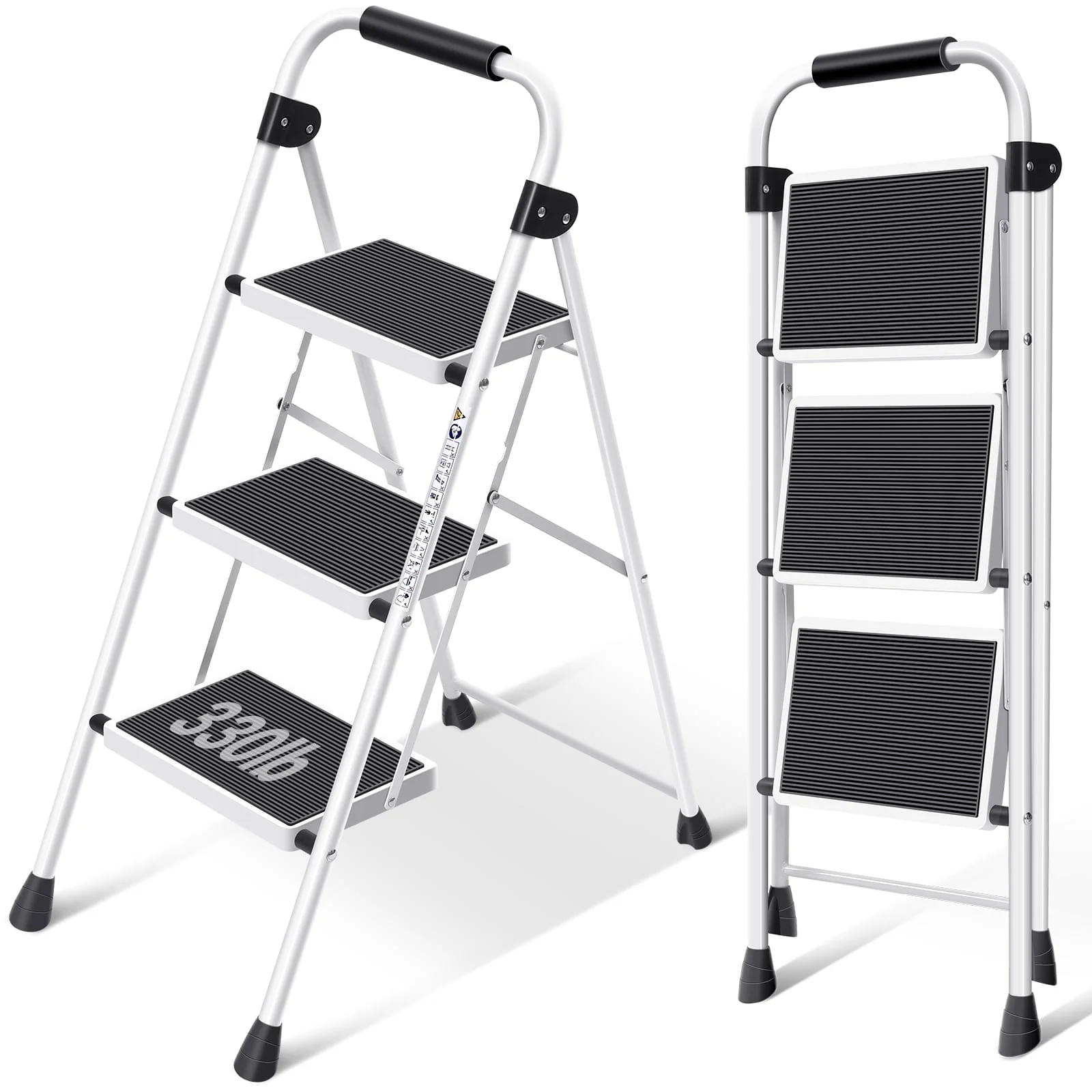 Contemporary KK KINGRACK 3 Step Ladder Folding Step Stool with Handrail amp Steel Wide Anti-Slip Pedal and 330lb Capacity White WK2207B-3-W High-Quality