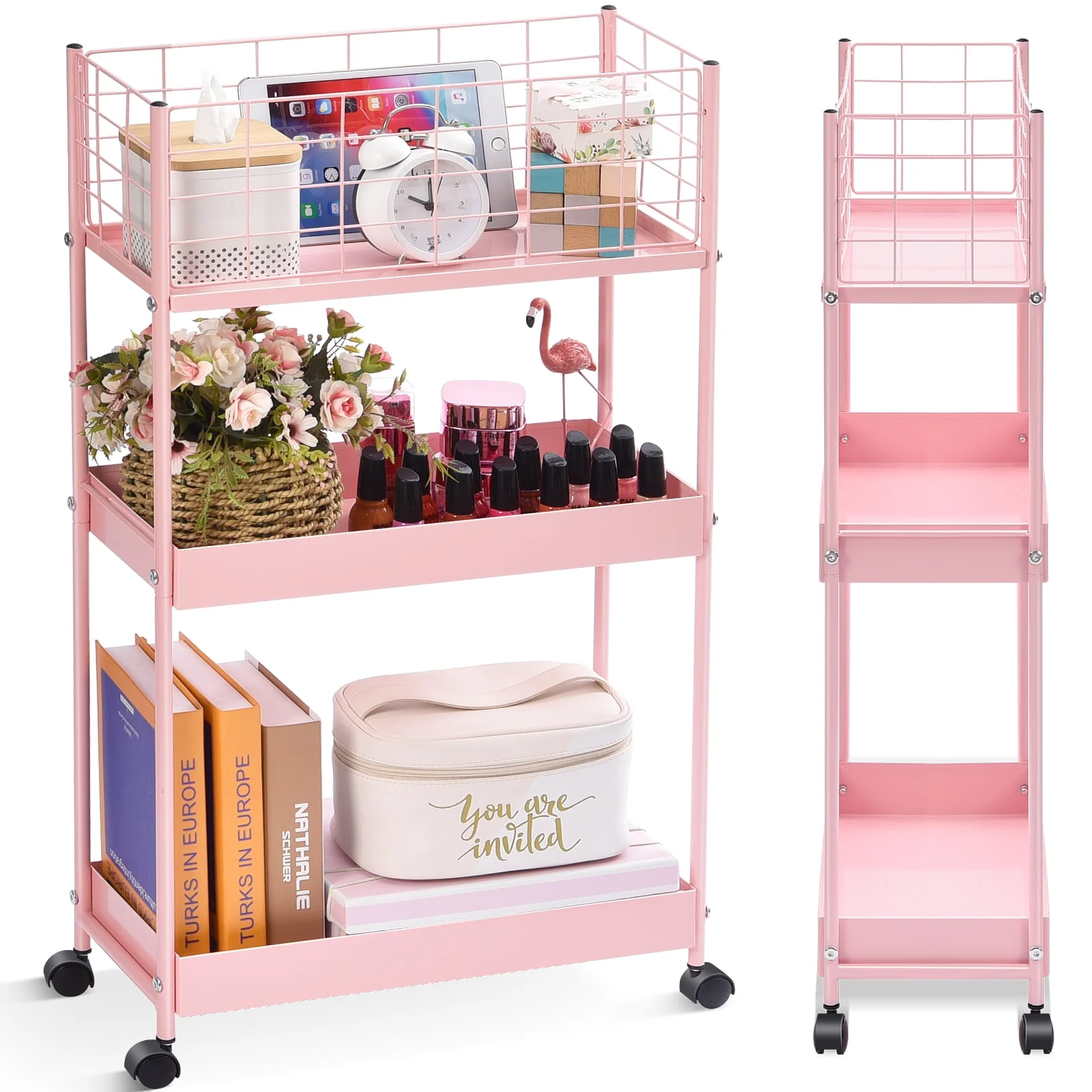 Efficient TOOLF Rolling Cart 3-Tier Metal Cart Slim Storage Cart for Home amp Office Pink RY810076-P Modern