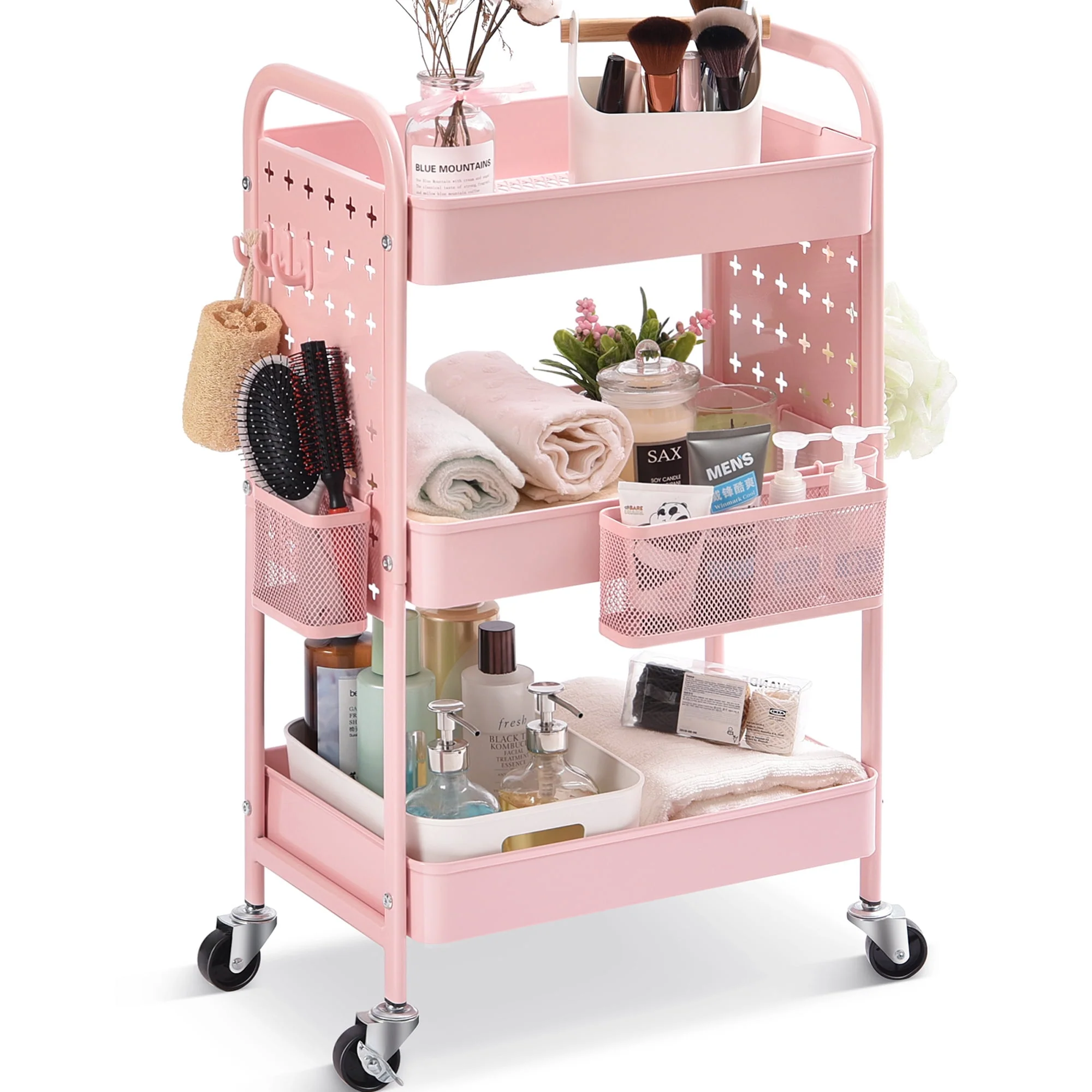 User-Friendly TOOLF 3-Tier Rolling Cart Utility Storage Cart with DIY Dual Pegboards Organizer Serving Trolley Pink WK830573-P Dependable