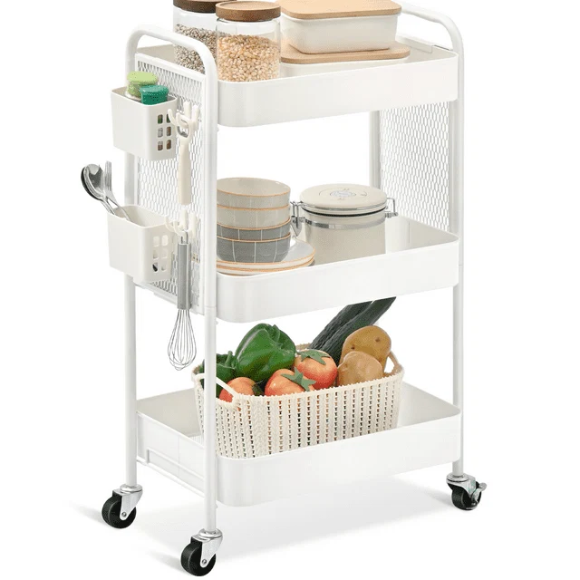 Environmentally Friendly KK KINGRACK Rolling Cart 3-Tier Utility Cart Metal Storage Organizer with Wheels amp DIY Board White CZ810435-W Reliable