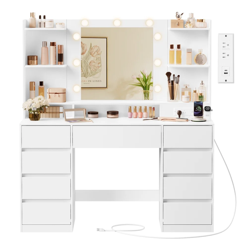 Environmentally Friendly VASAGLE Kailyn Collection - Vanity Desk with Mirror and 9 LED Bulbs Practical