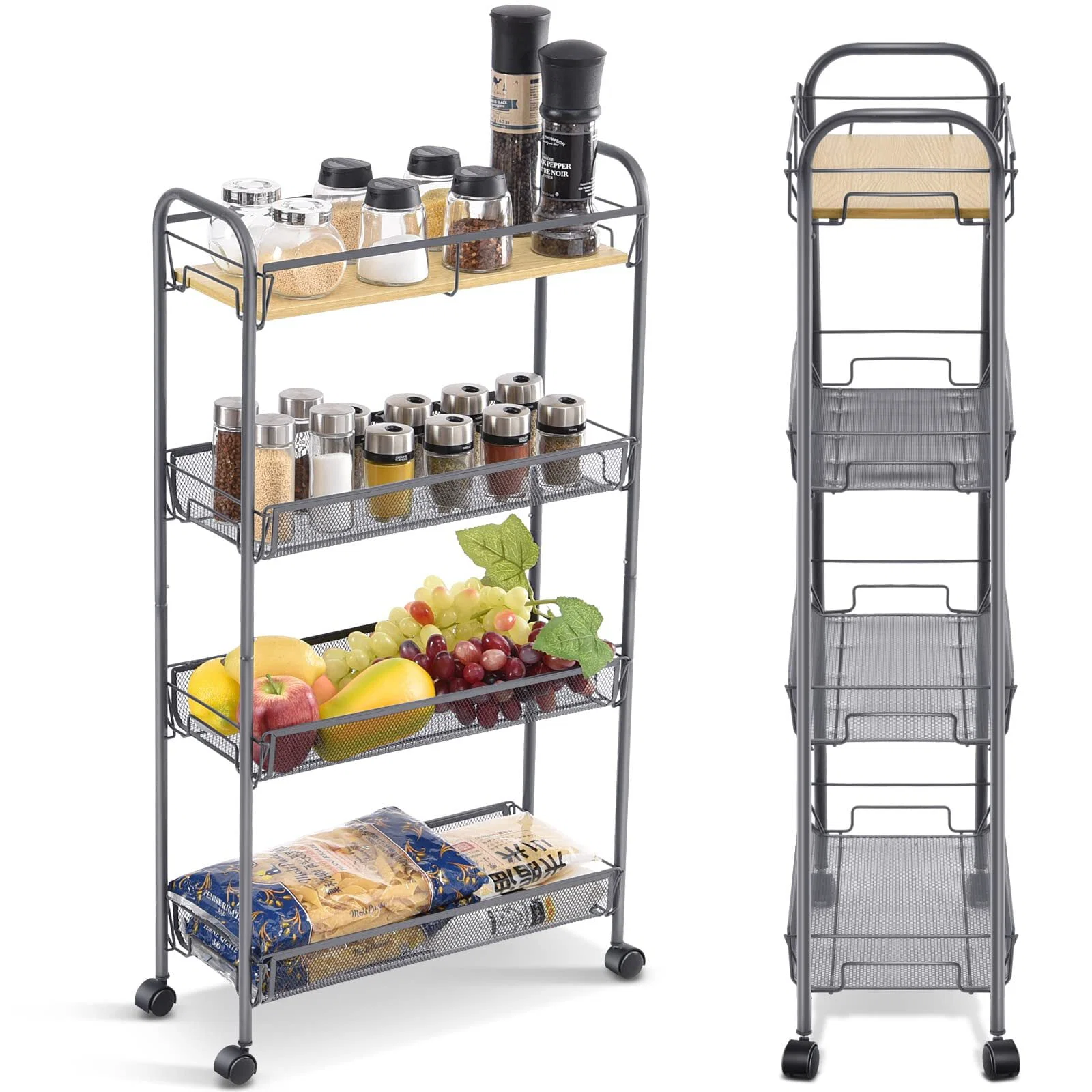 Organic Kingrack 4 Tier Rolling Cart Mesh Storage Utility Carts with Wooden Tabletop for Kitchen Bathroom Grey，WK830492-G Long-Lasting