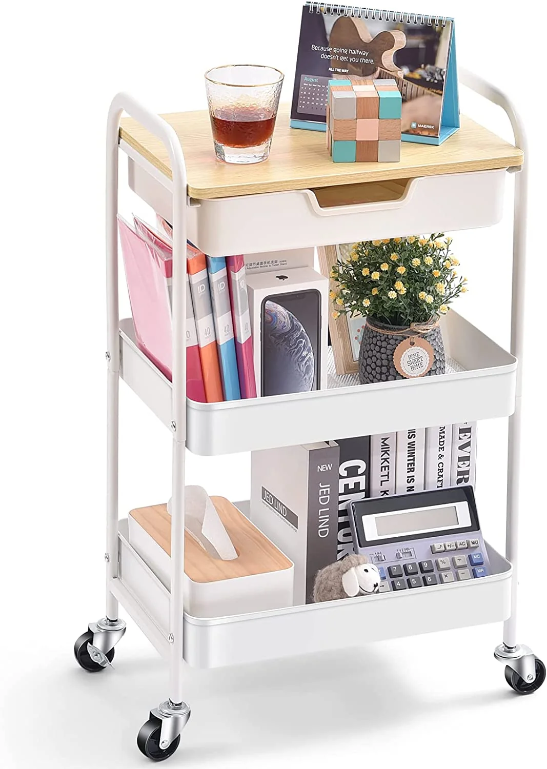 Long-Lasting KINGRACK 3-Tier Utility Rolling Cart with Wooden Board and Drawer Metal Storage Cart with Handle White Trolley Kitchen Organizer Rolling Desk with Locking Wheels for Office Classroom Home Bedroom WK830549-1 High-End
