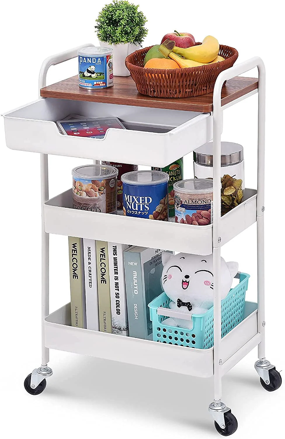 Verified KINGRACK 3-Tier Utility Rolling Cart with Wooden Board and Drawer Metal Storage Cart with Handle White Trolley Kitchen Organizer Rolling Desk with Locking Wheels for Office Classroom Home Bedroom WK830549 Next-Generation