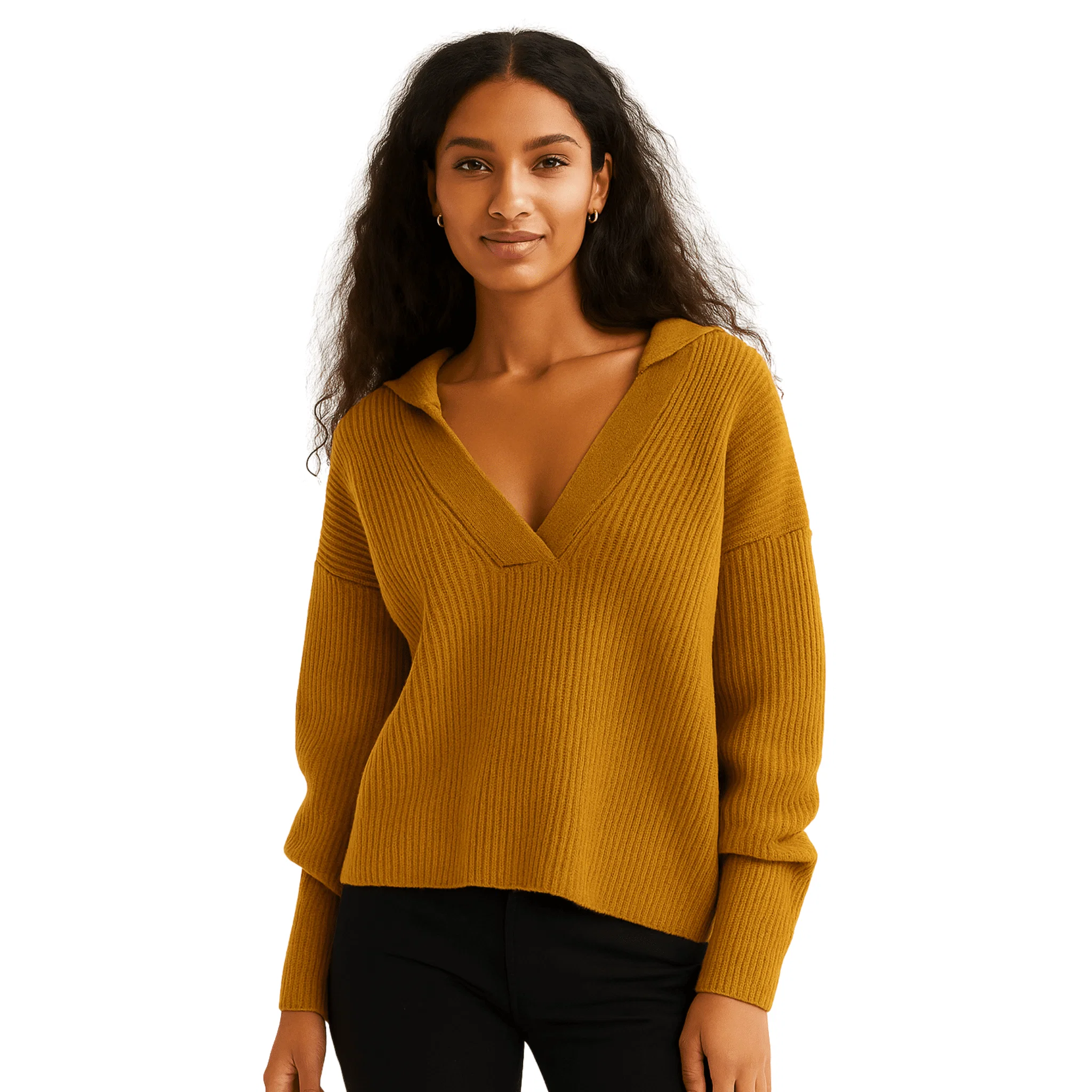 Fine Crafted Ribbed Knit V-Neck Collar Sweater Healthy