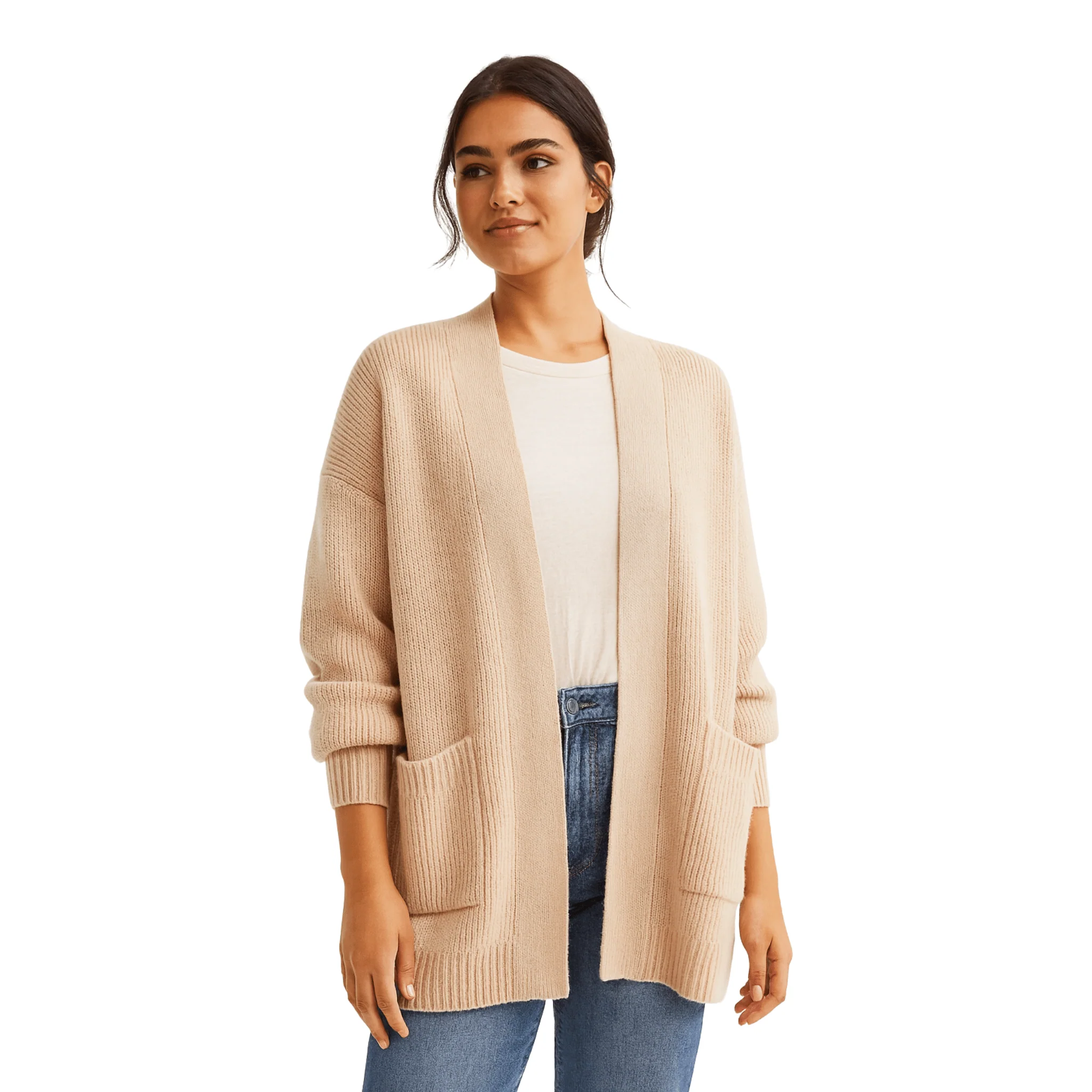 User-Friendly Beige Open-Front Knit Cardigan Sophisticated