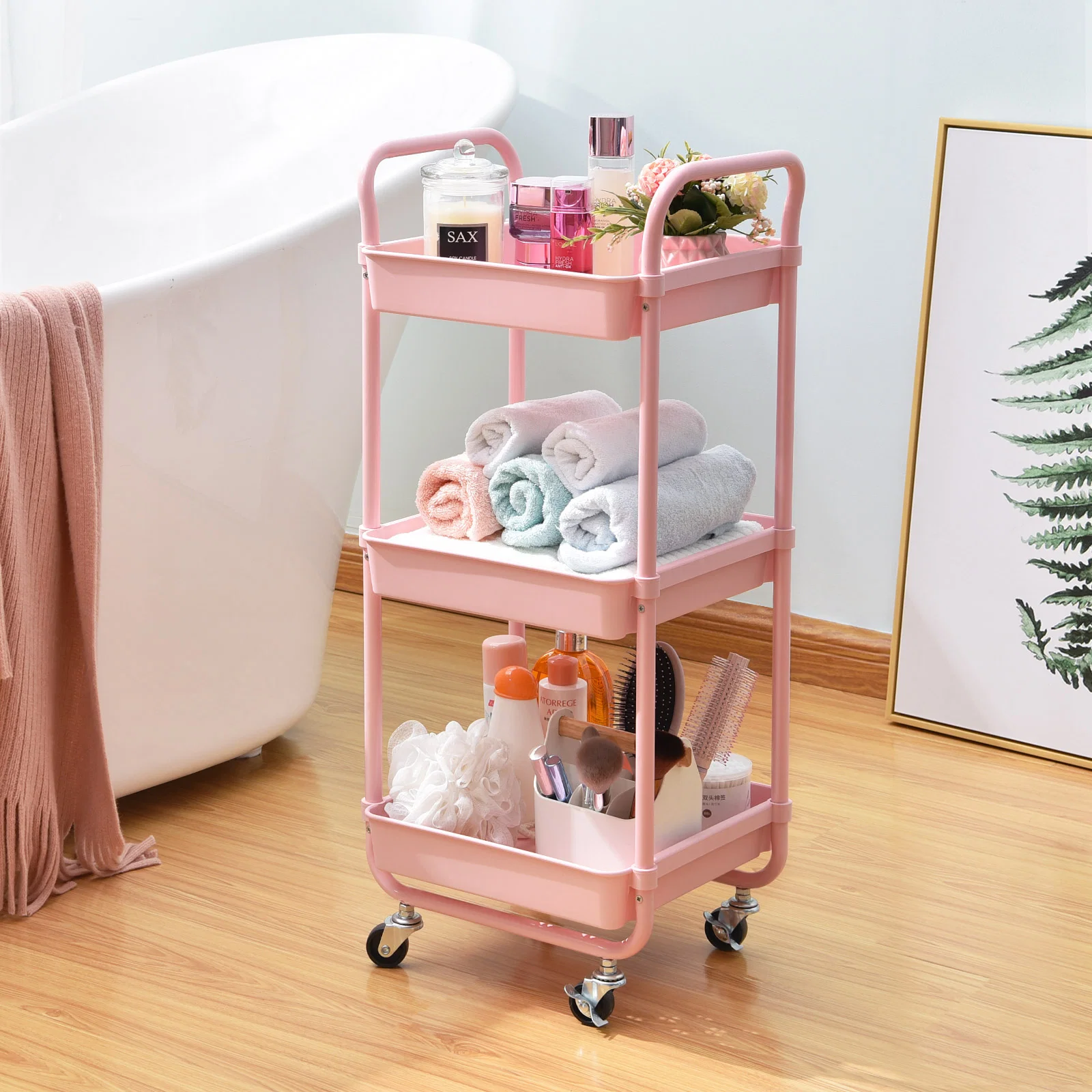 Original Design KINGRACK Kitchen Rolling Cart 3-Tier Storage Utility Cart with Wheels Plastic Organiser Cart Rolling Trolley Shelving Unit Storage Rack Fruit Vegetable Rack Pink WK131143-P Elite