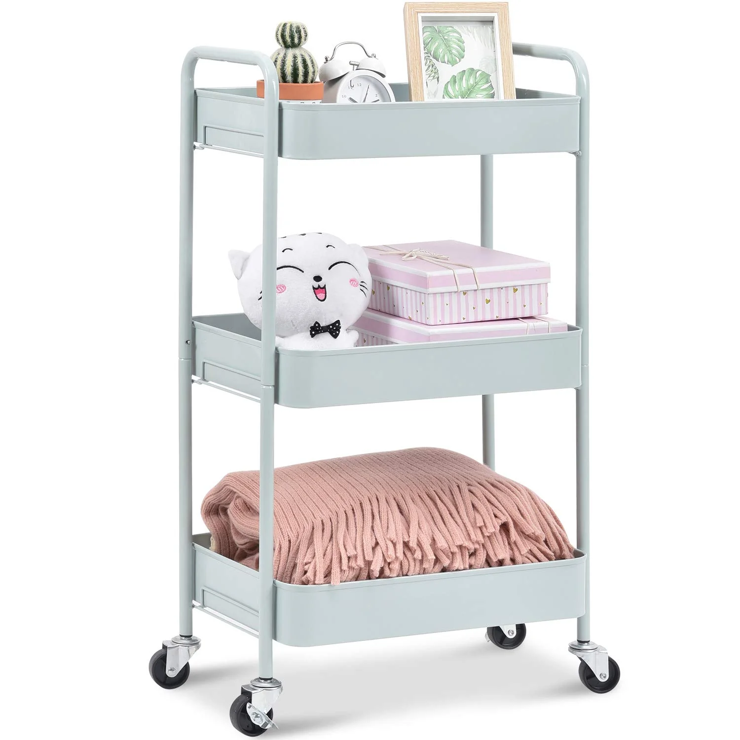 Functional KINGRACK 3-Tier Rolling Cart Metal Utility Cart with Lockable Wheels Storage Craft Art Cart Trolley Organizer Serving Cart Easy Assembly for Office Bathroom Kitchen Kids' Room Classroom Green WK131218-GN Long-Lasting