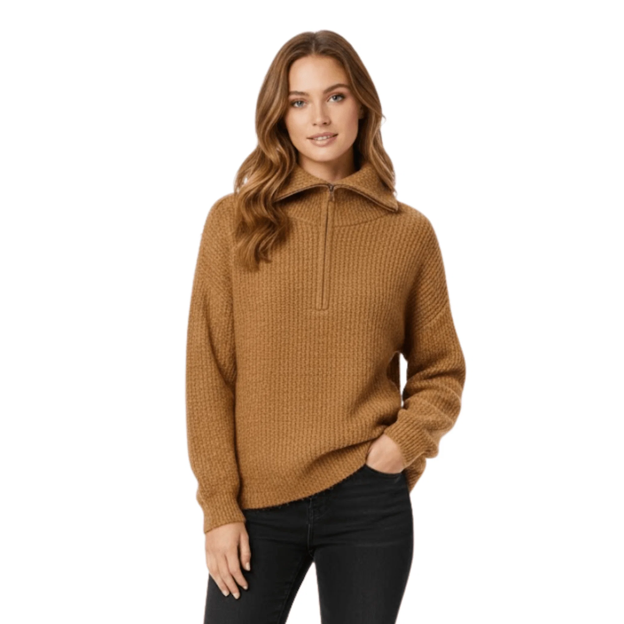 Fine Crafted Camel Half-Zip High-Neck Knit Sweater Comfortable