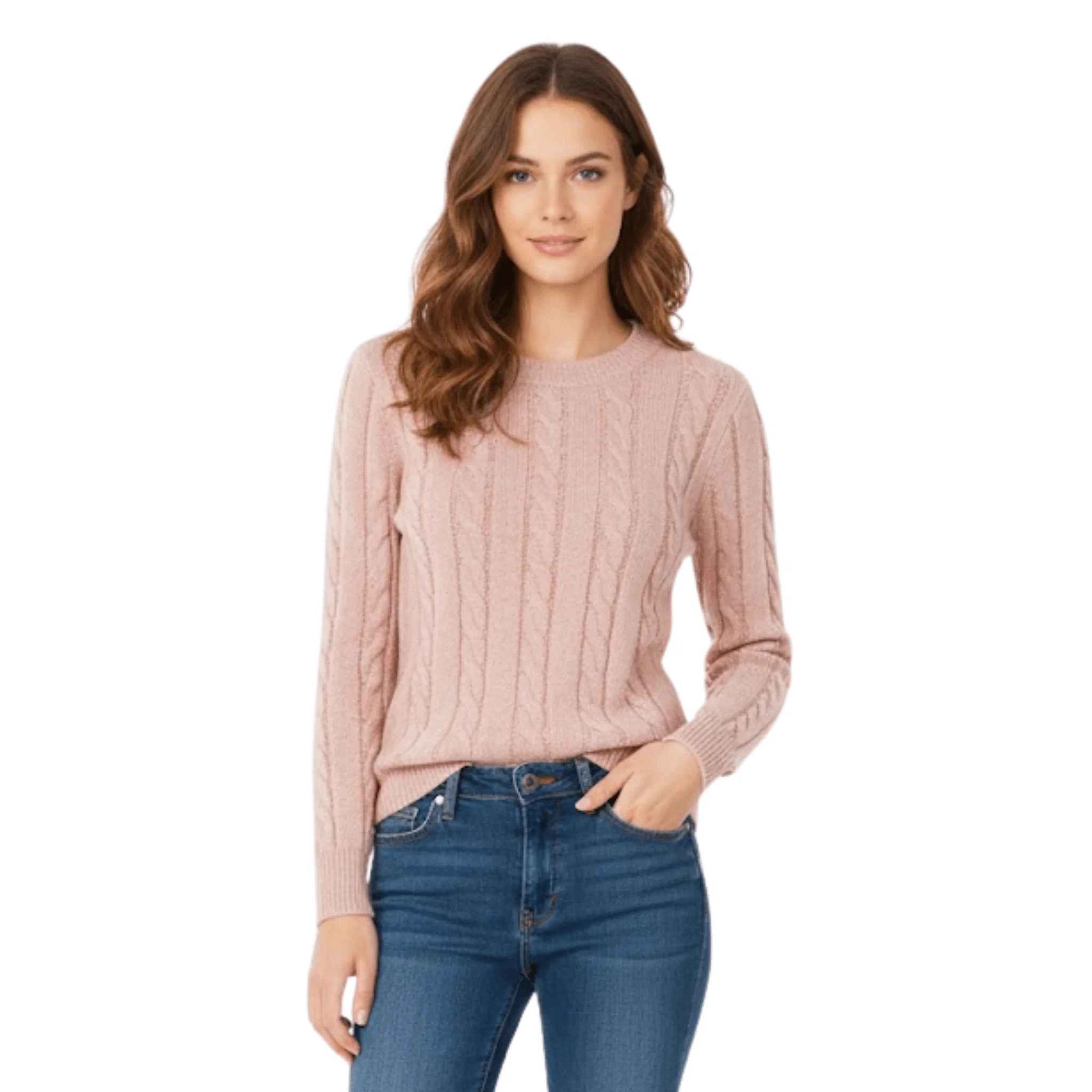 Clean Blush Pink Cable-Knit Crewneck Sweater Trendy
