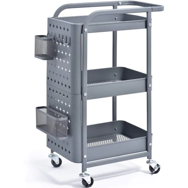 Stylish KK KINGRACK 3-Tier Storage Rolling Cart Metal Pushcart with DIY Pegboard WK130902-1 Fast