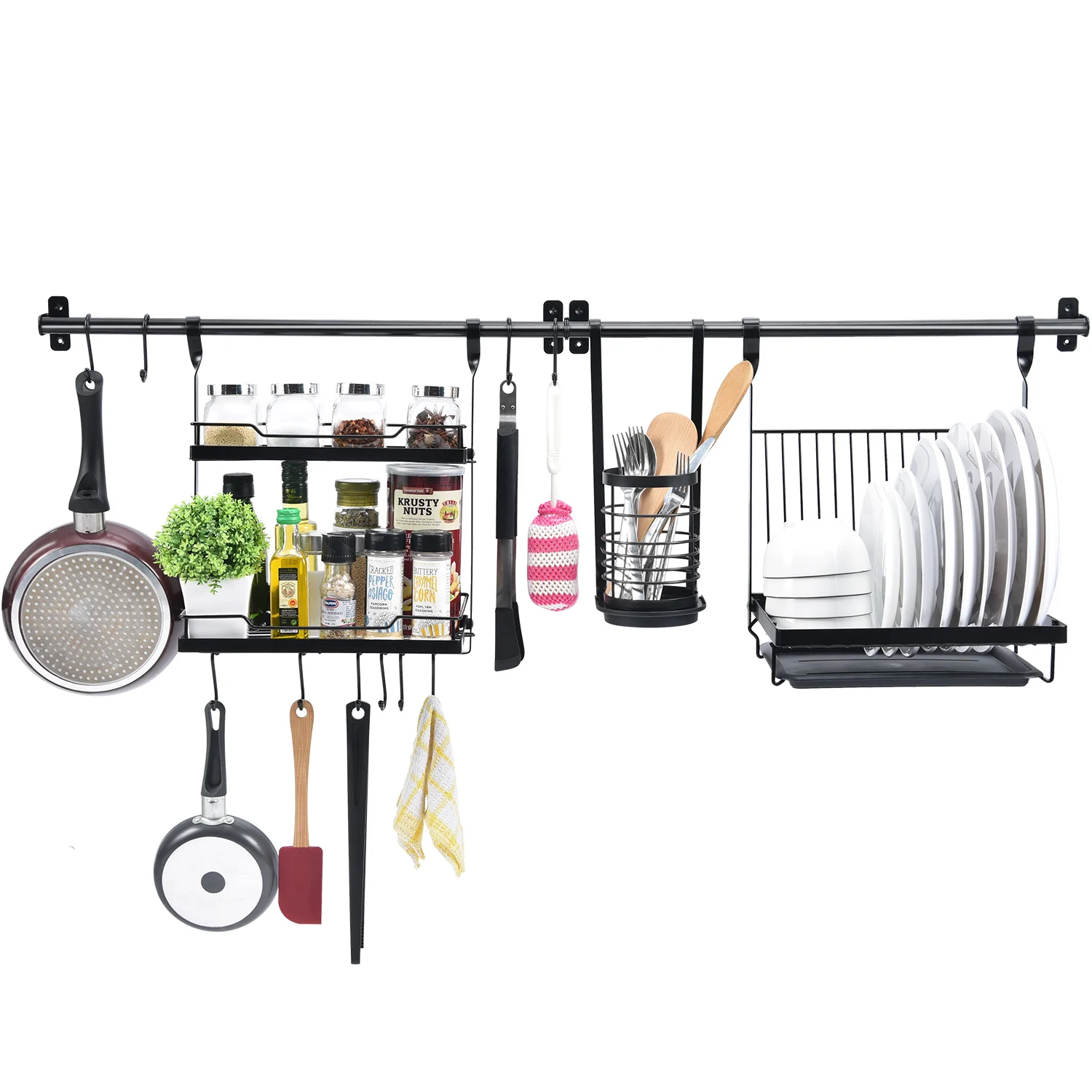 Detailed Utensil Rack Set of 5 with 2 Rail Rack Folding Dish Rack 2-Tier Spice Rack Utensil Holder 10 S-Hooks Black Convenient