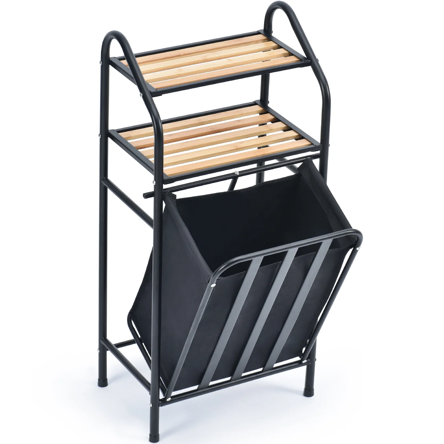 World-Class Laundry Tilt-Out Sorter with 2-Tier Shelves and Removable Bag Laundry Hamper Black-WK130901C Secure