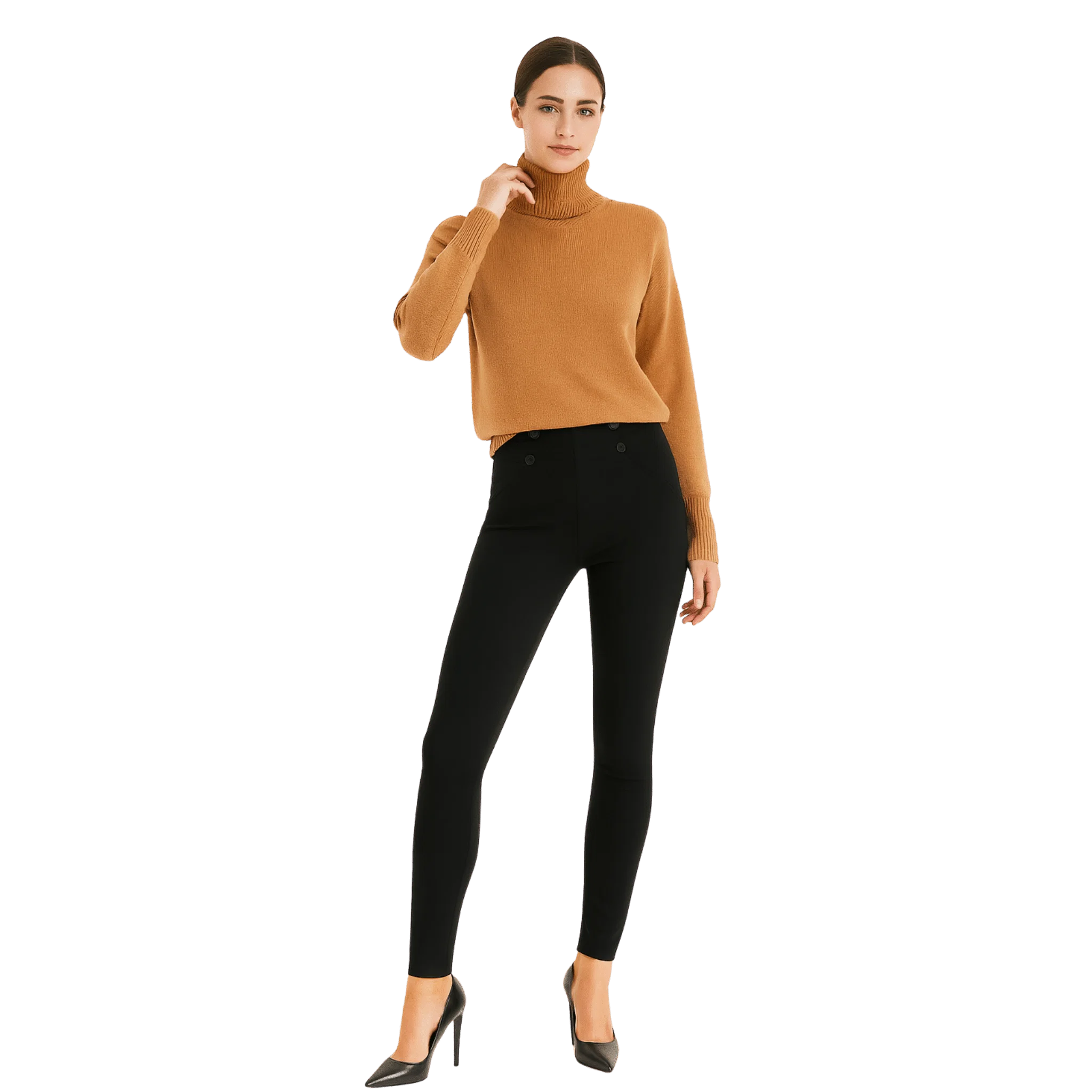 Traditional High-Waisted Slim Pants with Button Detail Outstanding
