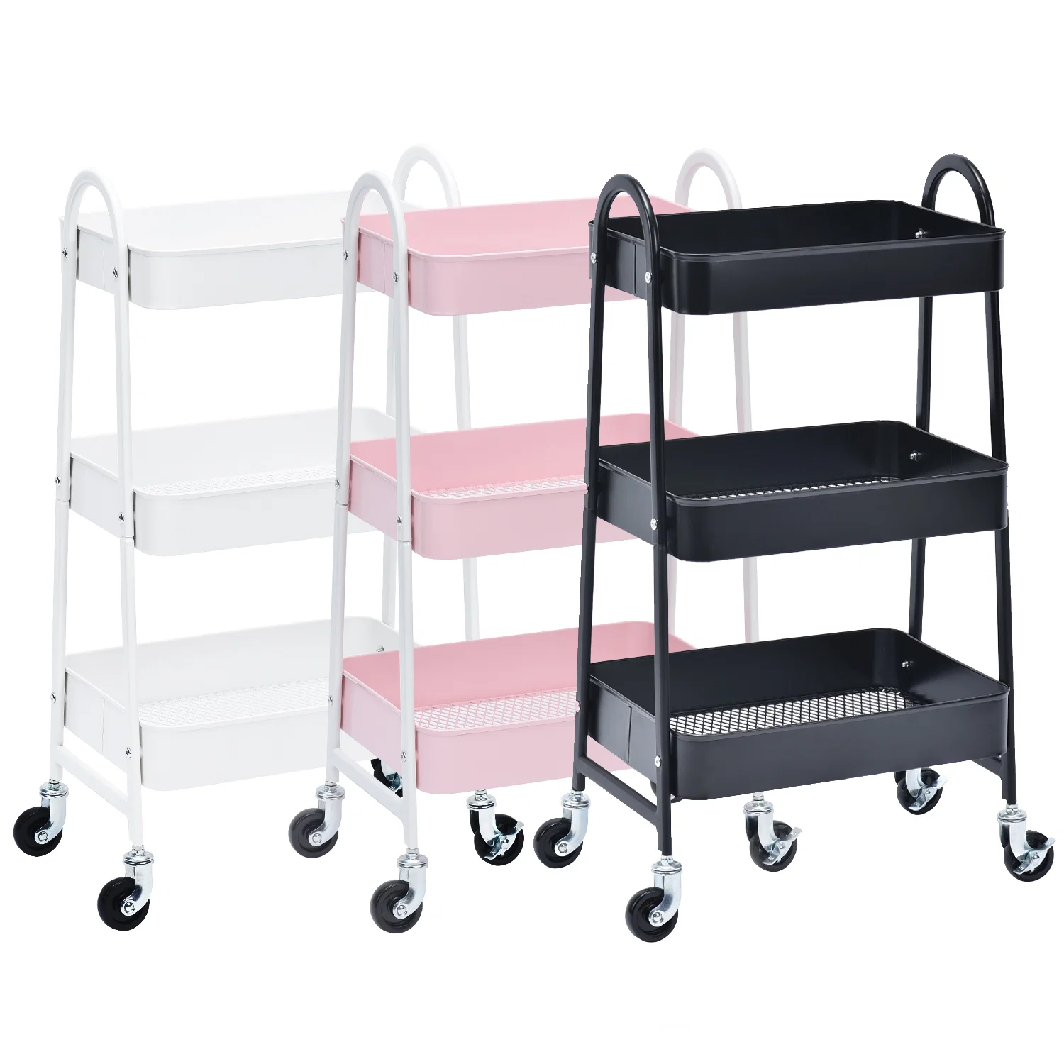Refined 3-Tier Utility Rolling Cart with Large Storage and Metal Wheels WK130839 PINK WHITE BLACK 3-COLORS AVAILABLE Premium Material