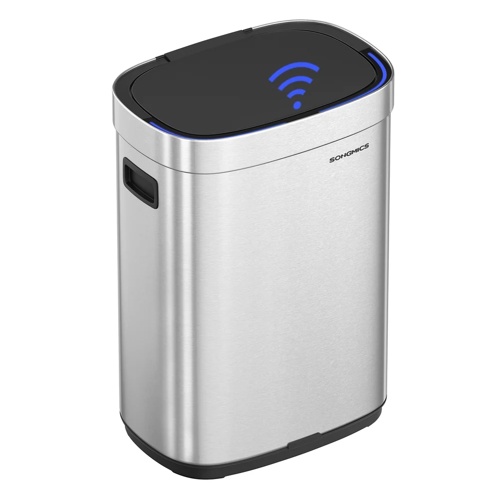 Recyclable SONGMICS Kitchen Trash Can 17.2-Gallon 65 L Motion Sensor Garbage Can Stainless Steel Trash Bin Ozone Odor Control Stay-Open Metallic Silver Solid