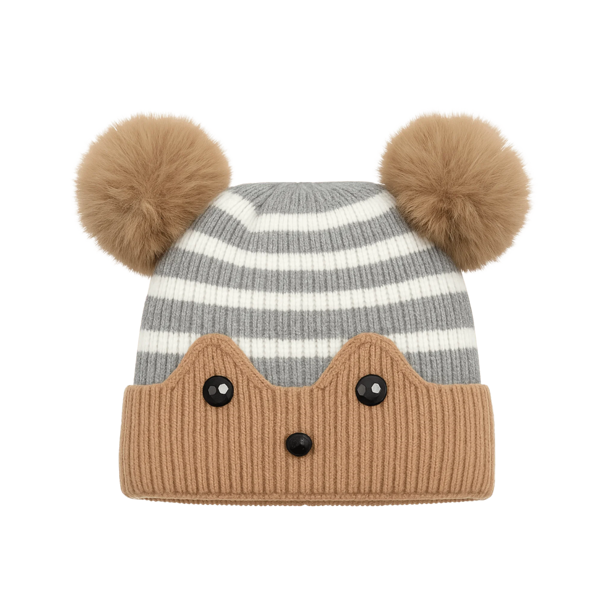 Premium Baby Striped Knit Beanie with Ears and Pom-Poms Stylish