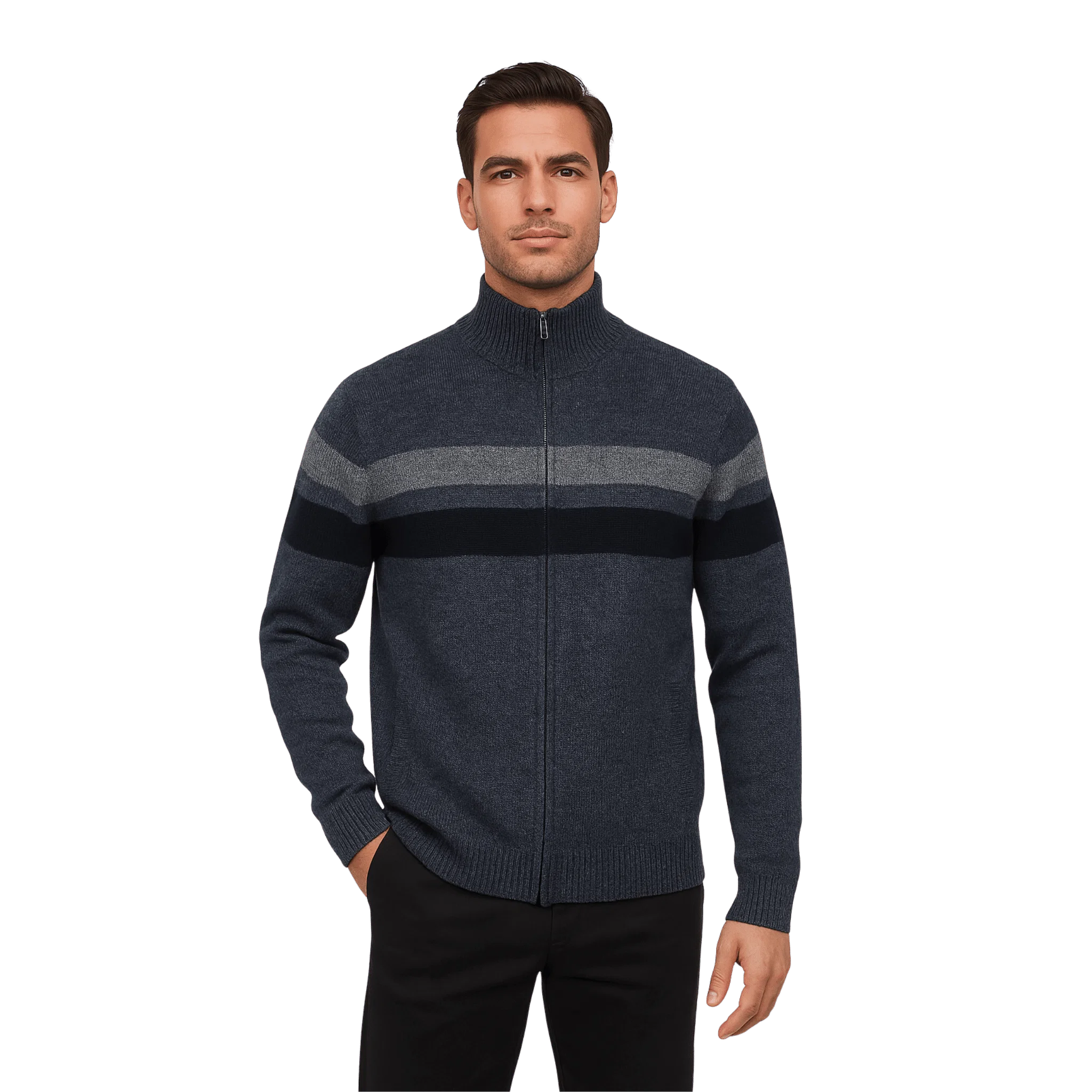 Functional Zip-Up Knit Sweater with Contrast Stripes Prestigious