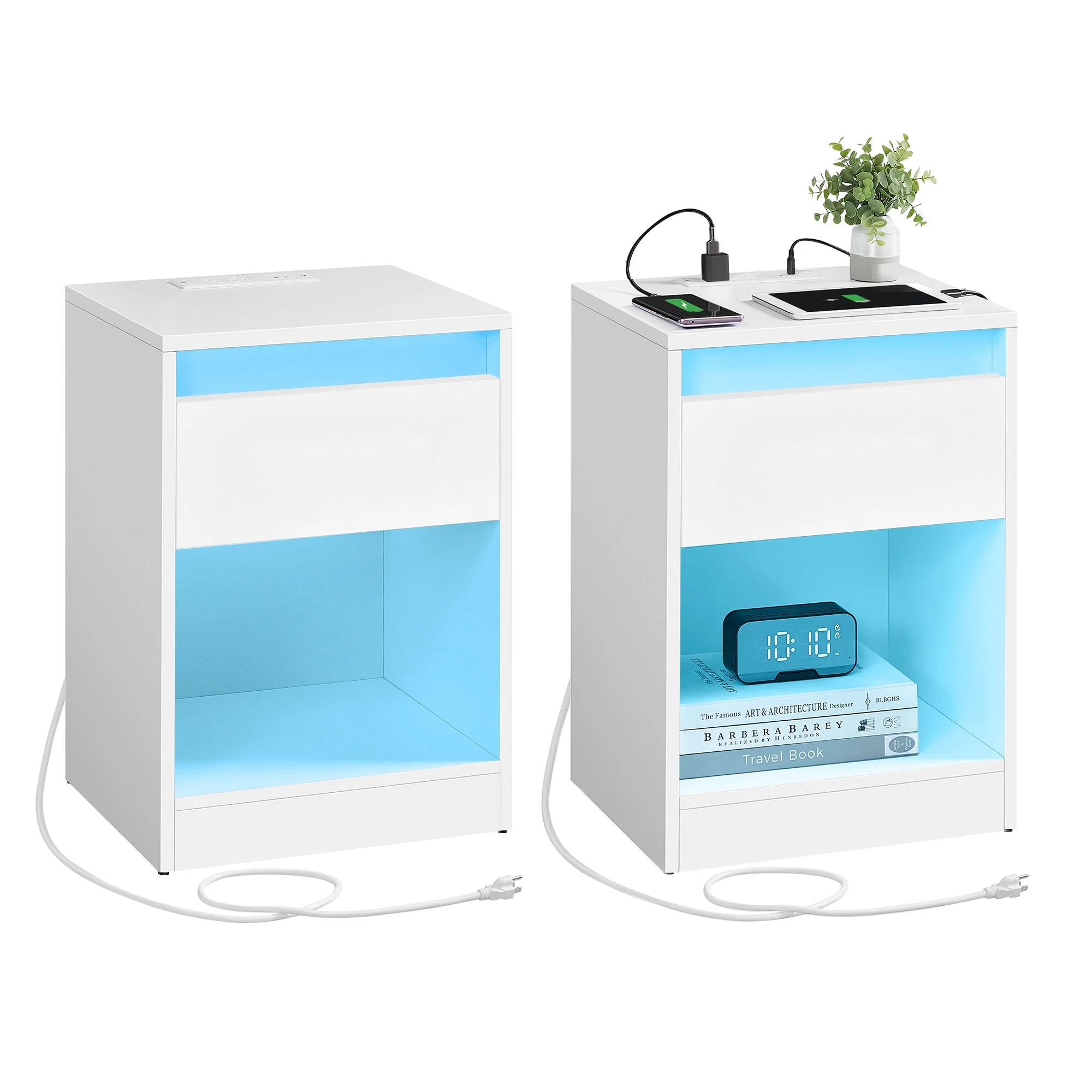 Reusable VASAGLE VASAGLE Set of 2 LED Nightstands with Charging Station Adjustable Colors 2 AC Outlets Modern