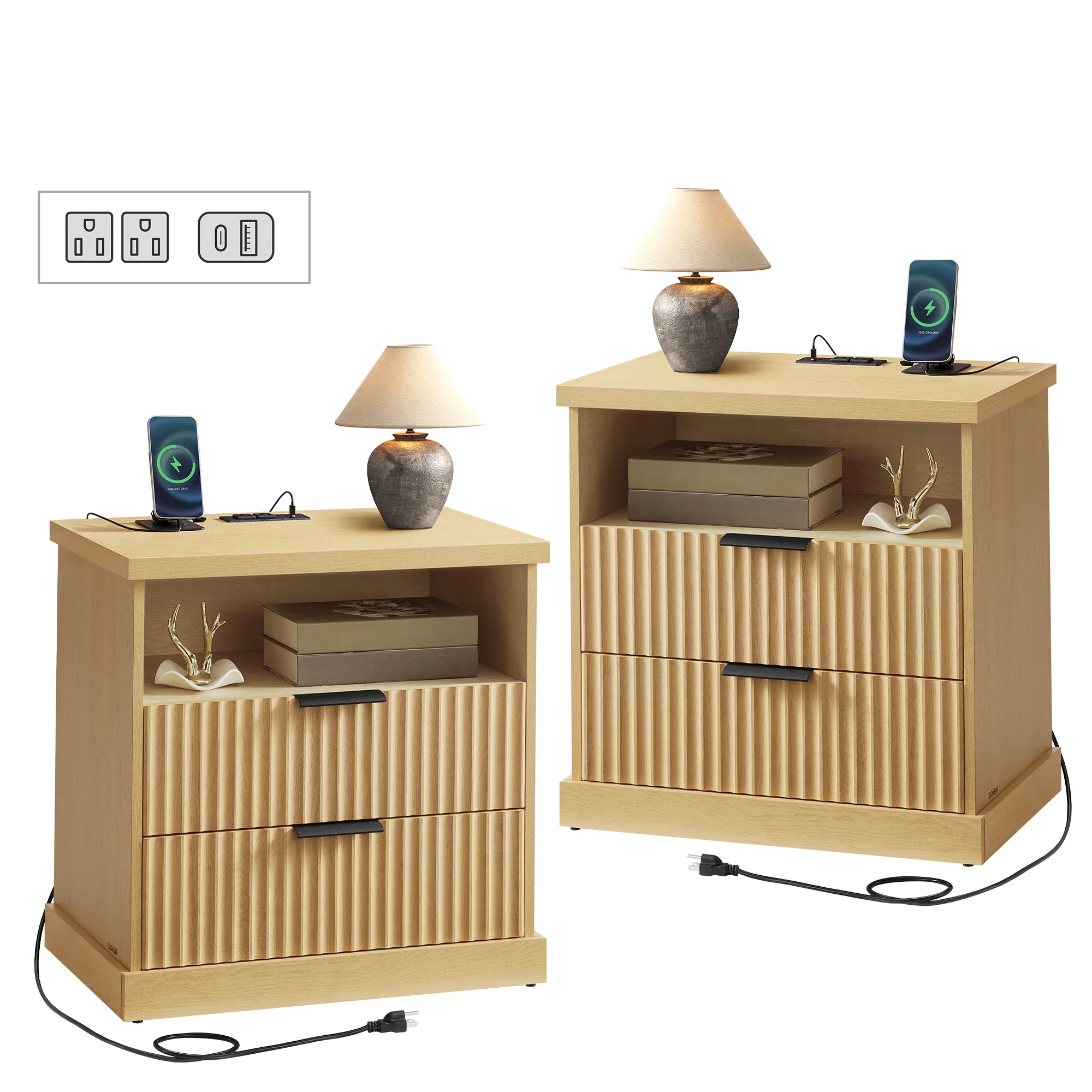 Fashionable VASAGLE MAXE Collection - Set of 2 Nightstands with Charging Station Classic