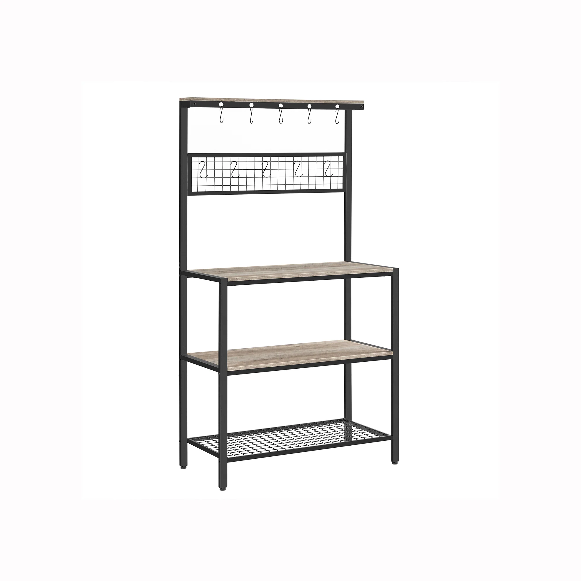 Natural VASAGLE VASAGLE Bakers Rack Coffee Bar Kitchen Storage Shelf Rack with 10 Hooks 3 Shelves Adjustable Feet for Microwave Oven 15.7 x 33.1 x 66.9 Inches Industrial Greige and Black Sustainable