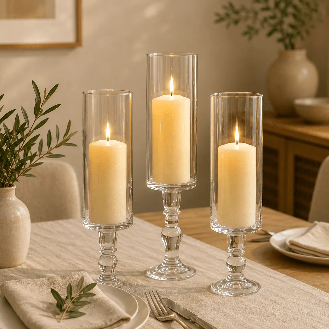 Secure Set of 3 Tall Glass Candle Holders – Duo Taper Pillar Consistent